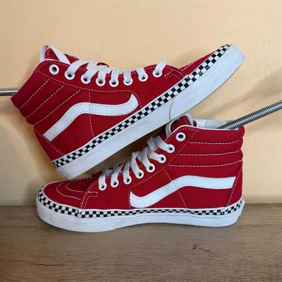 Vans Sk8-Hi Red Canvas High Top Sneakers Checkerboard Trim Men’s 5 / Women’s 6.5 - Picture 6 of 8
